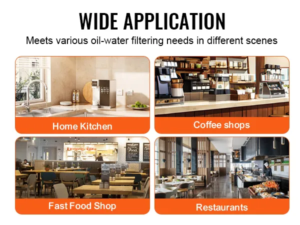wide application of VEVOR grease interceptor, from home kitchens to restaurants, fast food shops, and cafes.