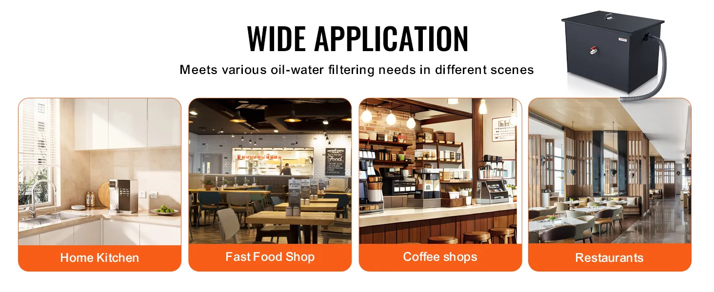 wide application of VEVOR grease interceptor, from home kitchens to restaurants, fast food shops, and cafes.