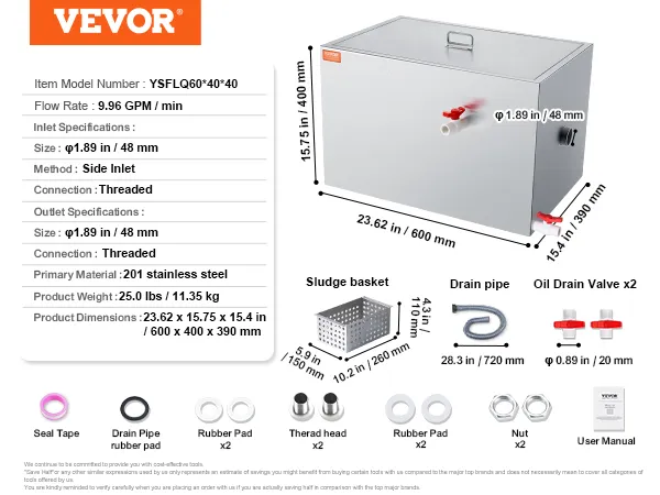 Trampa de grasa comercial VEVOR, acero inoxidable 201, 9,96 gpm, entrada lateral, conexión roscada, accesorios incluidos.
