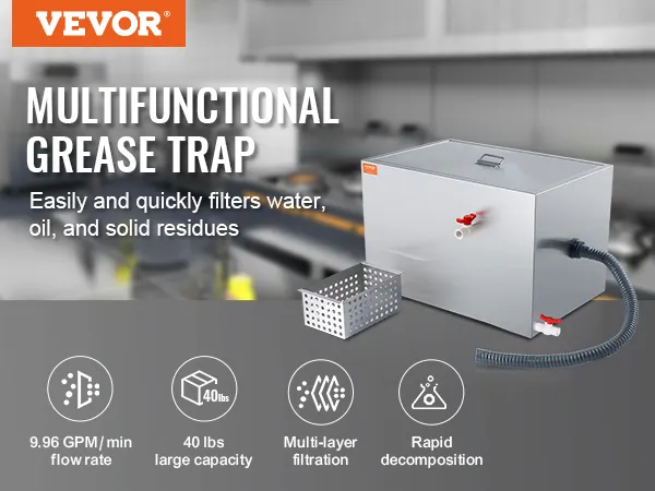La trampa de grasa comercial VEVOR en una cocina filtra agua, aceite y sólidos. Las características incluyen capacidad de 40 libras y filtración multicapa.