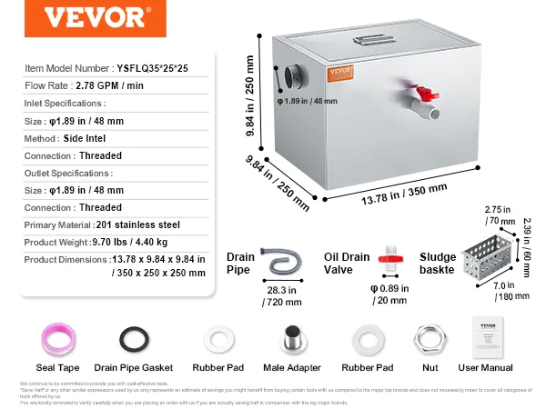 VEVOR commercial grease trap with dimensions and accessories, including sludge basket, drain pipe, and oil drain valve.