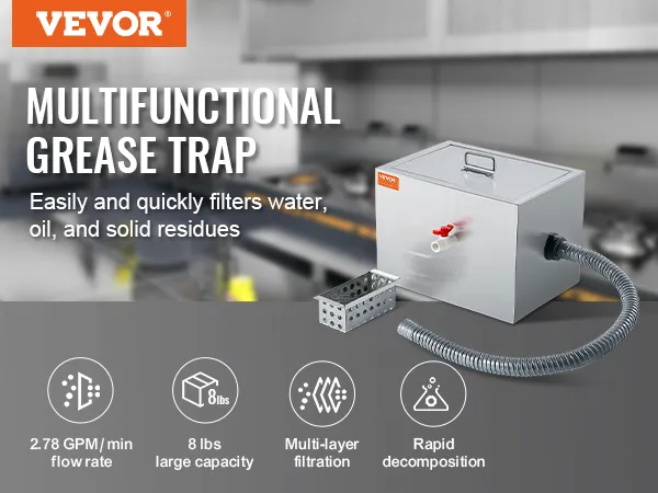 VEVOR commercial grease trap with 2.78 gpm flow rate, 8 lbs capacity, multi-layer filtration, rapid decomposition.