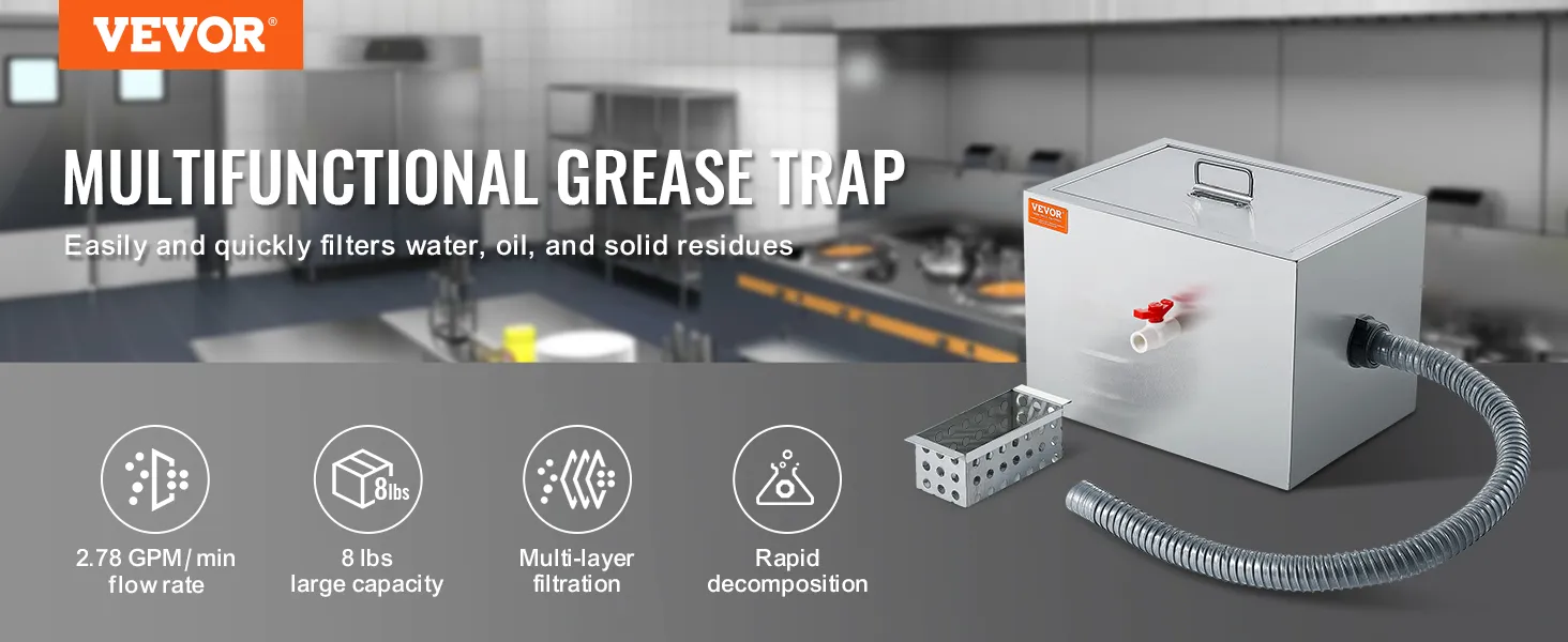 VEVOR commercial grease trap with 2.78 gpm flow rate, 8 lbs capacity, multi-layer filtration, rapid decomposition.
