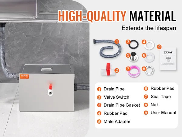 VEVOR commercial grease trap with high-quality materials and installation accessories for long-lasting use.
