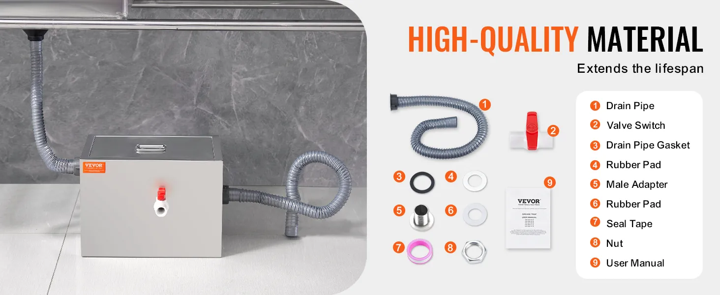 VEVOR commercial grease trap with high-quality materials and installation accessories for long-lasting use.