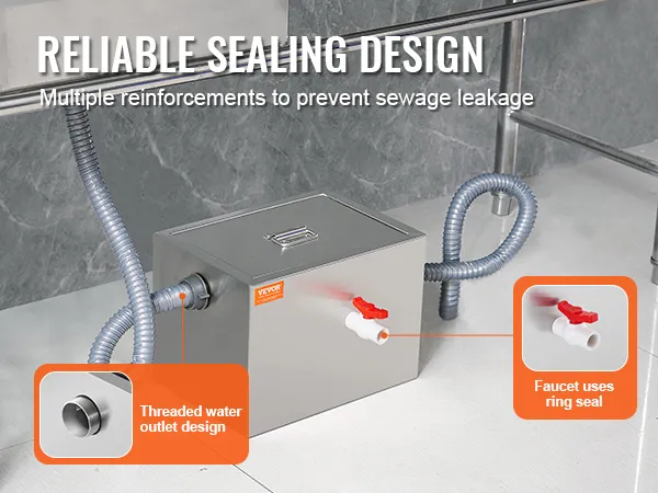 VEVOR commercial grease trap with reliable sealing design, threaded water outlet, and faucet ring seal.