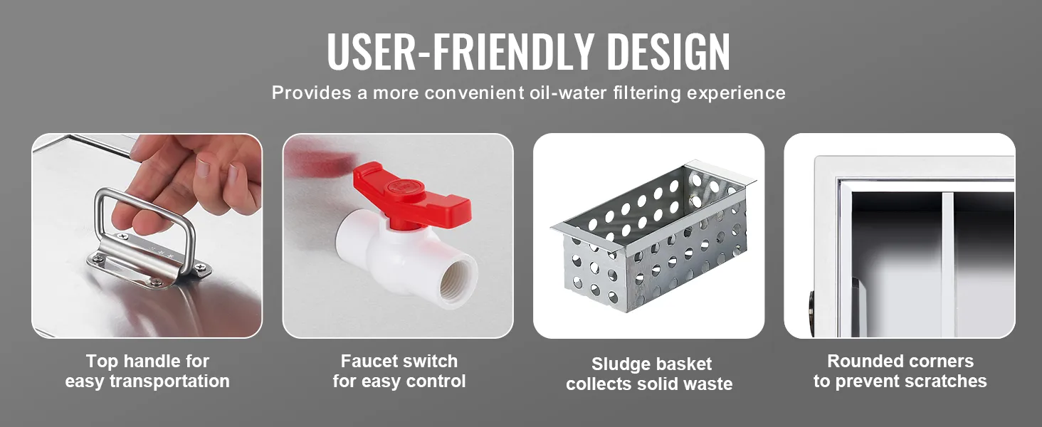 VEVOR commercial grease trap with top handle, faucet switch, sludge basket, and rounded corners.