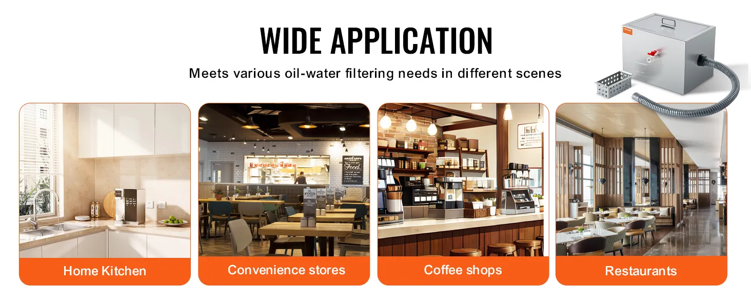 wide application of VEVOR commercial grease trap in home kitchens, convenience stores, coffee shops, and restaurants.