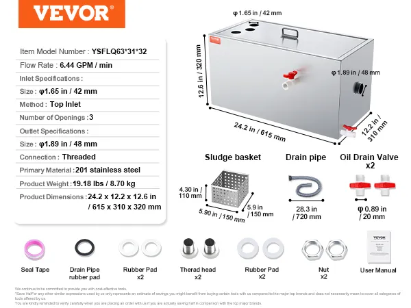 VEVOR commercial grease trap with 201 stainless steel, 6.44 gpm flow rate, and complete accessories.