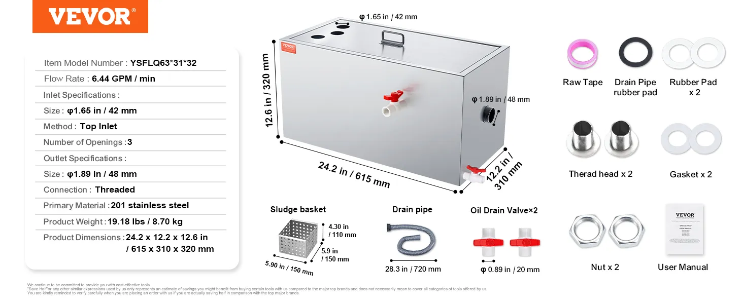 VEVOR commercial grease trap with 201 stainless steel, 6.44 gpm flow rate, and complete accessories.