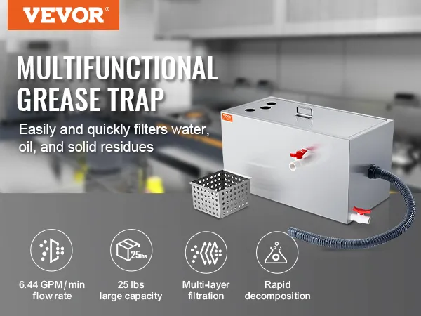 VEVOR commercial grease trap in a kitchen, highlighting 6.44 gpm flow rate, 25 lbs capacity, rapid decomposition.