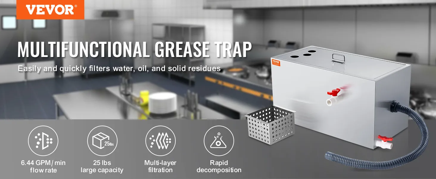 VEVOR commercial grease trap in a kitchen, highlighting 6.44 gpm flow rate, 25 lbs capacity, rapid decomposition.