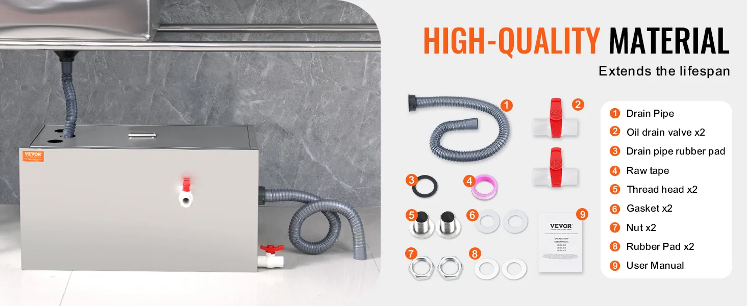VEVOR commercial grease trap with accessories: drain pipe, oil drain valves, rubber pads, tape, and user manual.