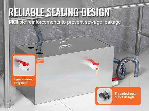 VEVOR commercial grease trap with reliable sealing design, faucet ring seal, and threaded water outlet.