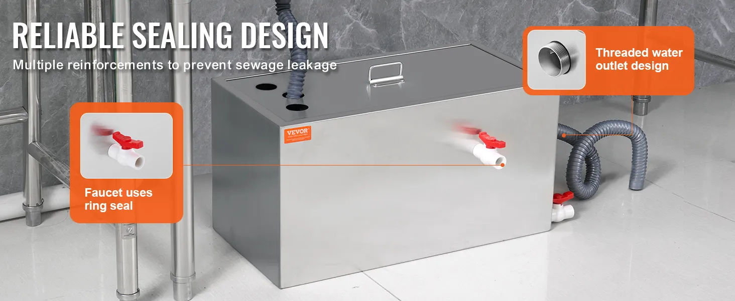 VEVOR commercial grease trap with reliable sealing design, faucet ring seal, and threaded water outlet.