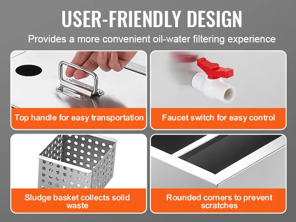 user-friendly design of VEVOR commercial grease trap with handle, faucet, sludge basket, and rounded corners.