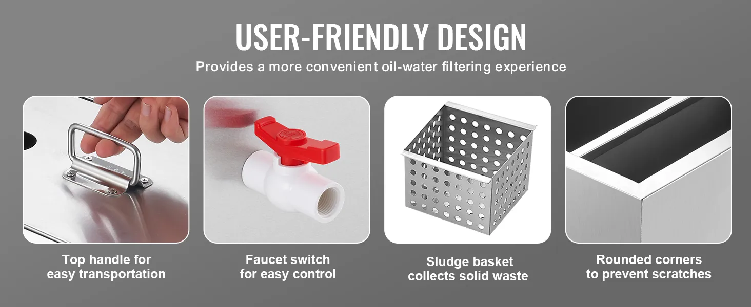 user-friendly design of VEVOR commercial grease trap with handle, faucet, sludge basket, and rounded corners.