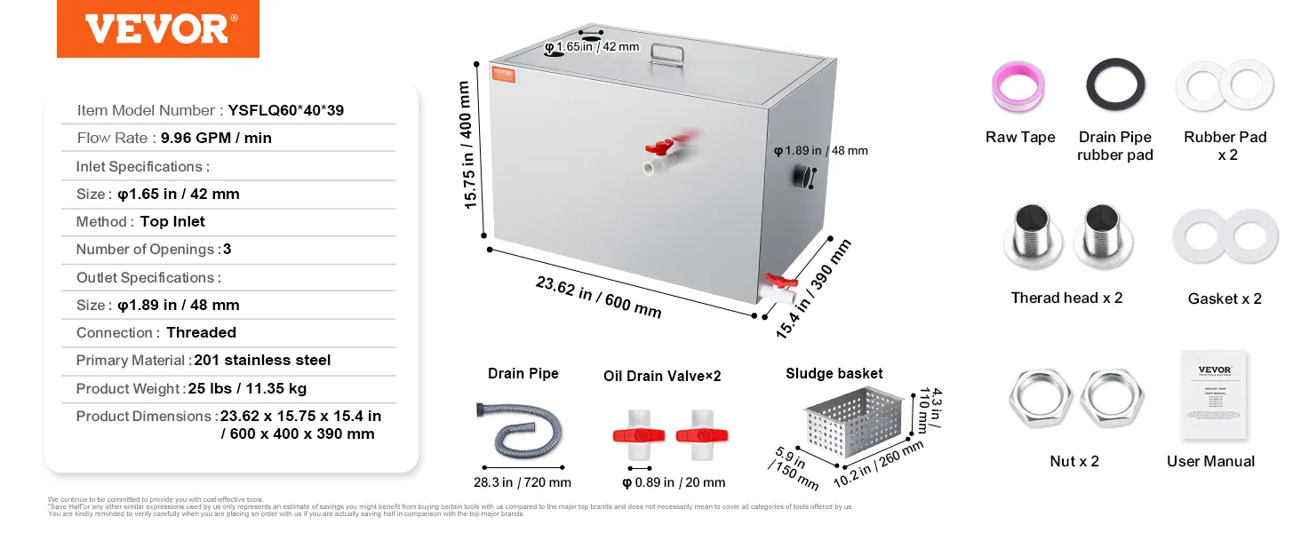 VEVOR grease trap, 400mm high, 25 lbs, with accessories including drain pipe, oil drain valve, and sludge basket.
