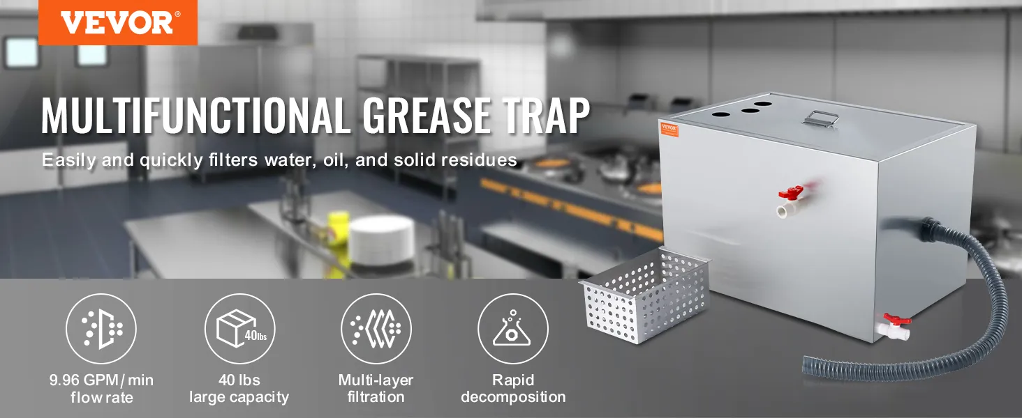 VEVOR grease trap in a commercial kitchen, showcasing large capacity, multi-layer filtration, and easy use.