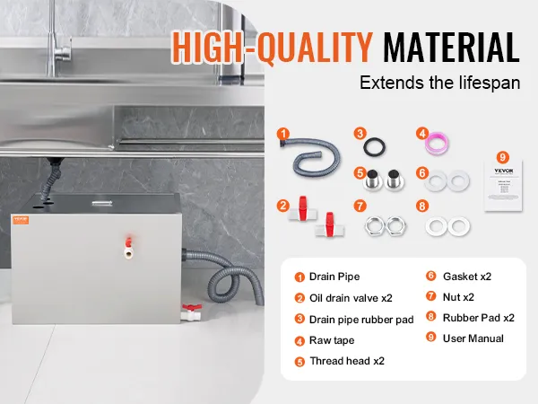 VEVOR grease trap with accessories including drain pipe, oil drain valve, gasket, and user manual.
