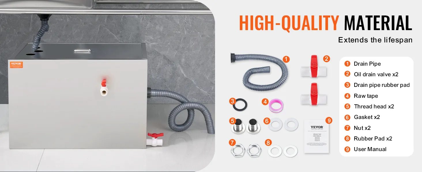 VEVOR grease trap with accessories including drain pipe, oil drain valve, gasket, and user manual.