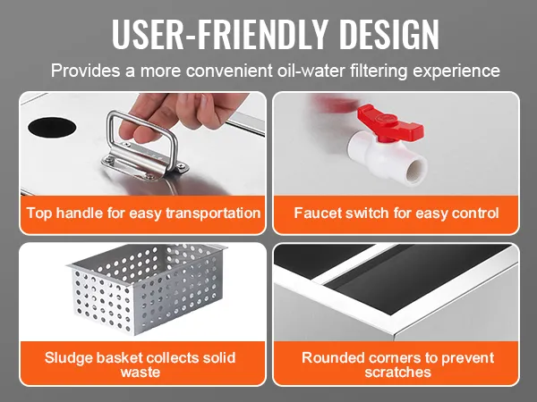 VEVOR grease trap with top handle, easy-control faucet, sludge basket, and rounded corners.