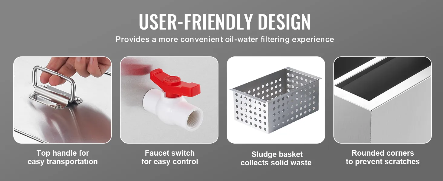 VEVOR grease trap with top handle, easy-control faucet, sludge basket, and rounded corners.