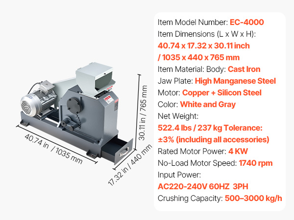 VEVOR Jaw Crusher Machine, 4KW High Power Rock Stone Crush Machine