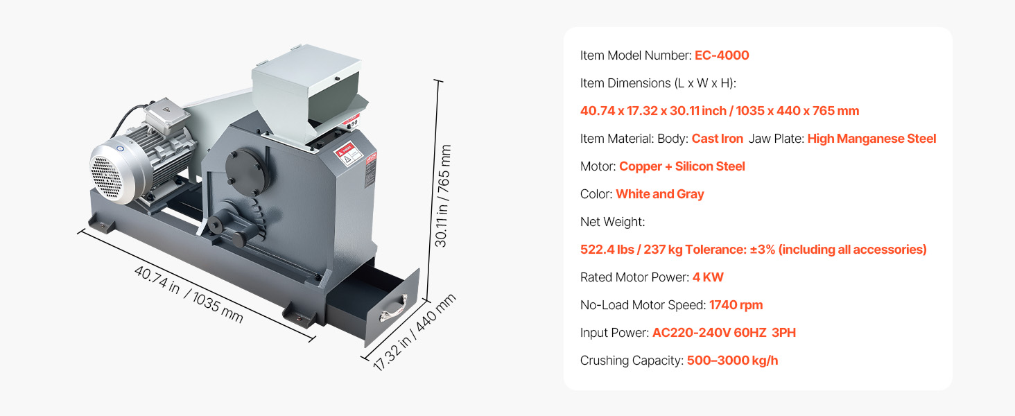VEVOR Jaw Crusher Machine, 4KW High Power Rock Stone Crush Machine