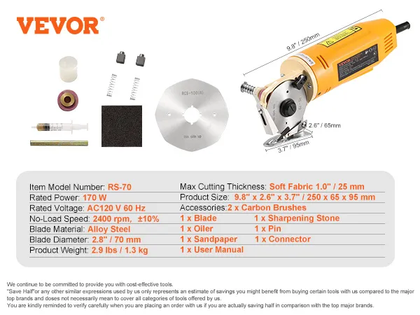 VEVOR snijmachine rs-70 170w, 2400 rpm, 70mm blad, accessoires inbegrepen.