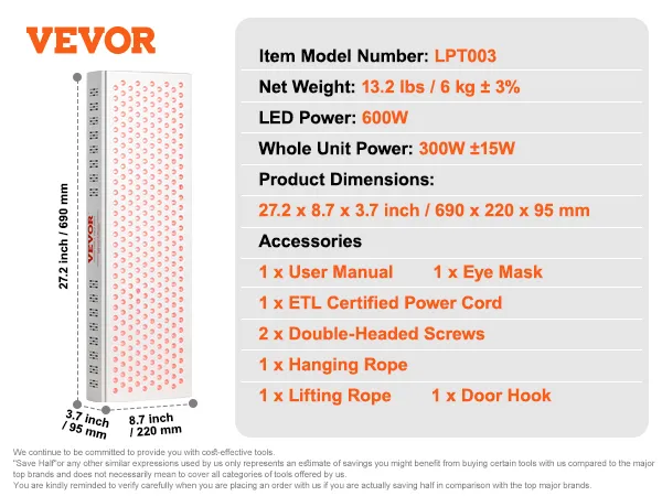 Panel de terapia de luz roja VEVOR con potencia ED de 600 W y accesorios para obtener beneficios óptimos para la salud.