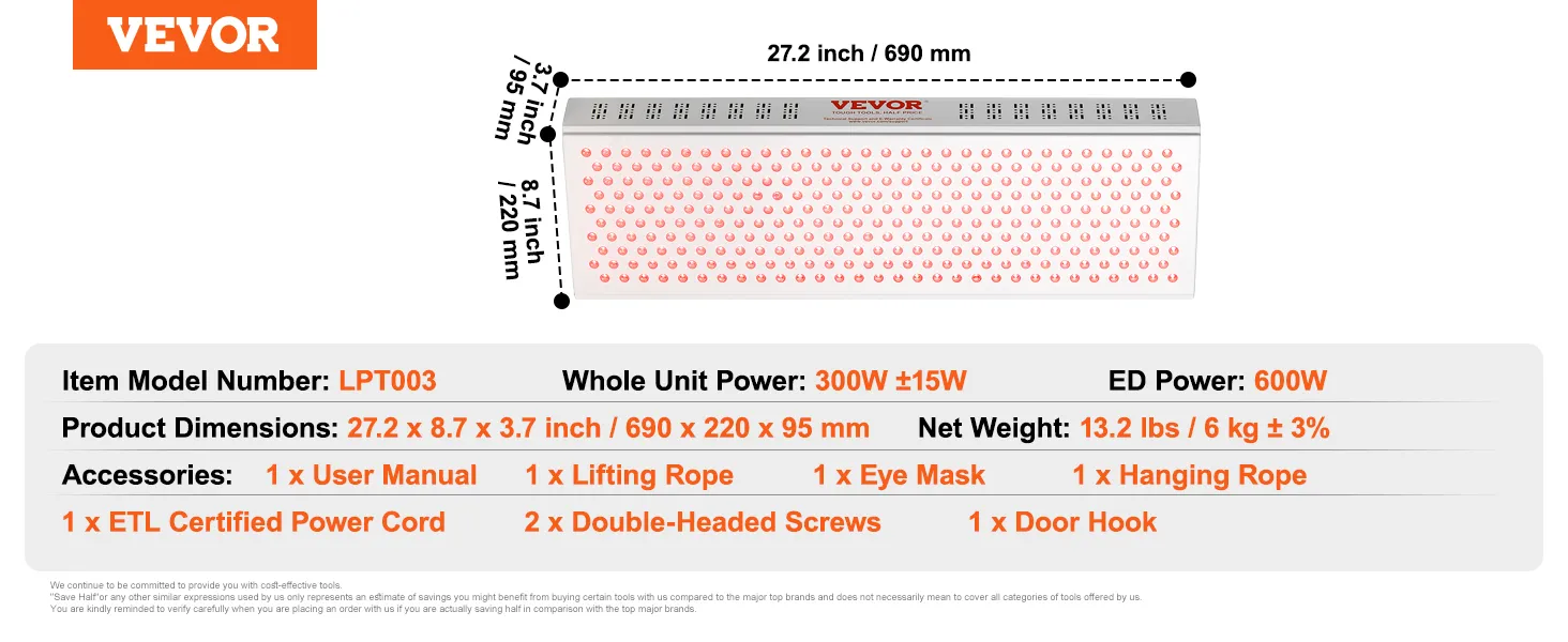 Panel de terapia de luz roja VEVOR con potencia ED de 600 W y accesorios para obtener beneficios óptimos para la salud.