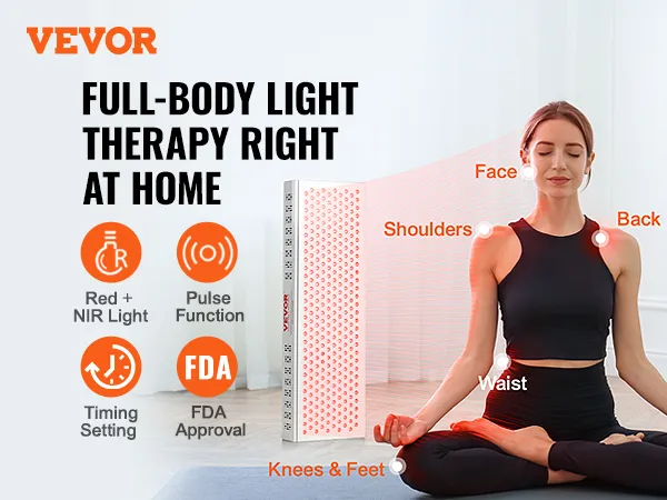 Panel de terapia de luz roja VEVOR para terapia de luz de cuerpo completo en casa, con luz roja + NIR y función de pulso.