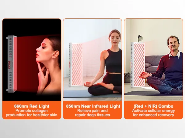 Panel de terapia de luz roja VEVOR con luz roja de 660 nm, luz infrarroja cercana de 850 nm y beneficios de terapia combinada.
