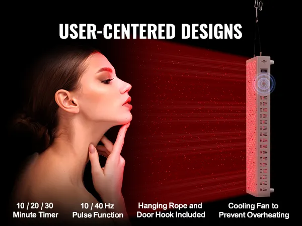 Panel de terapia de luz roja VEVOR con temporizador, función de pulso, ventilador de enfriamiento y accesorios para una fácil configuración.