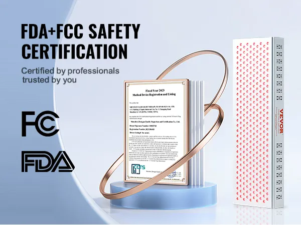 Panel de terapia de luz roja VEVOR con certificación de seguridad FDA y FCC, certificado que se muestra al lado.