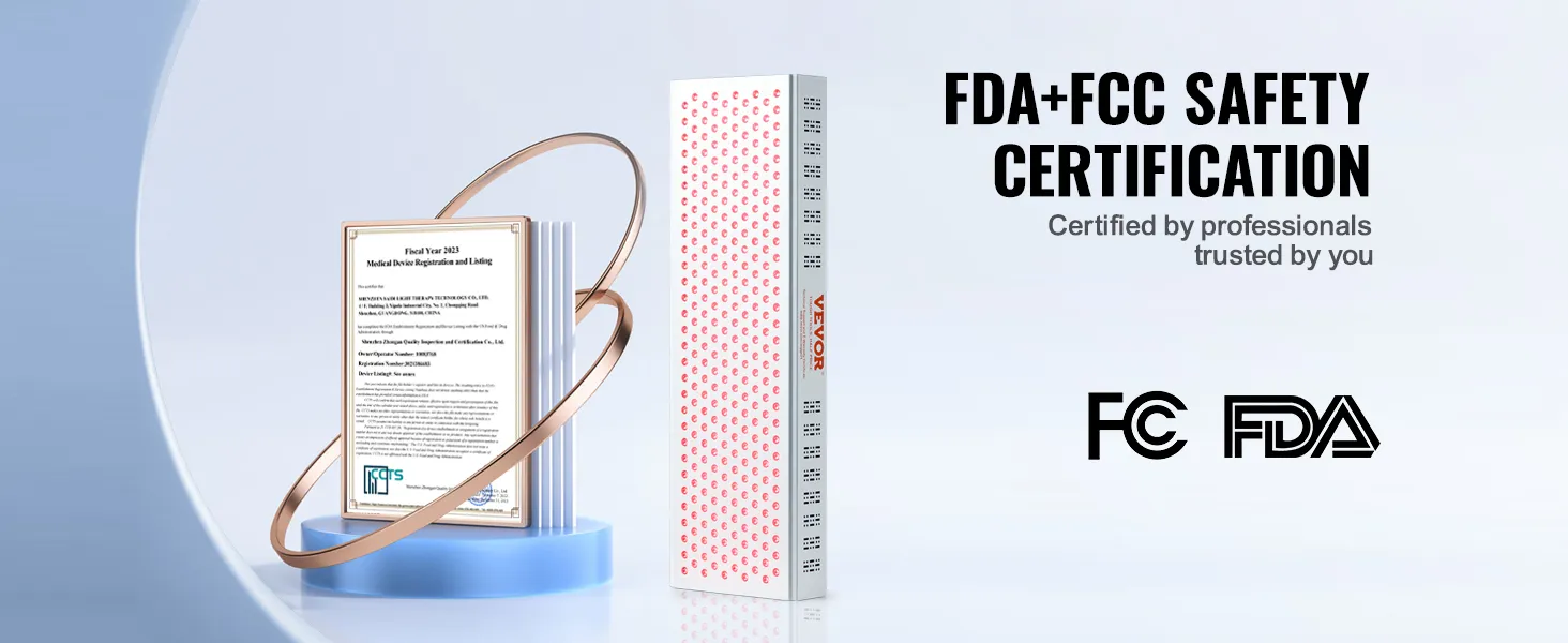 Panel de terapia de luz roja VEVOR con certificación de seguridad FDA y FCC, certificado que se muestra al lado.