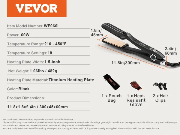 VEVOR hair straightener wf066i, 60w, titanium plates, 210-450°f, 19 settings, black, heat-resistant glove, pouch.