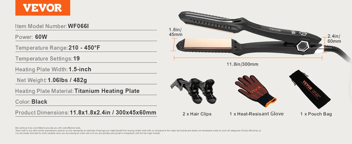 VEVOR hair straightener wf066i, 60w, titanium plates, 210-450°f, 19 settings, black, heat-resistant glove, pouch.