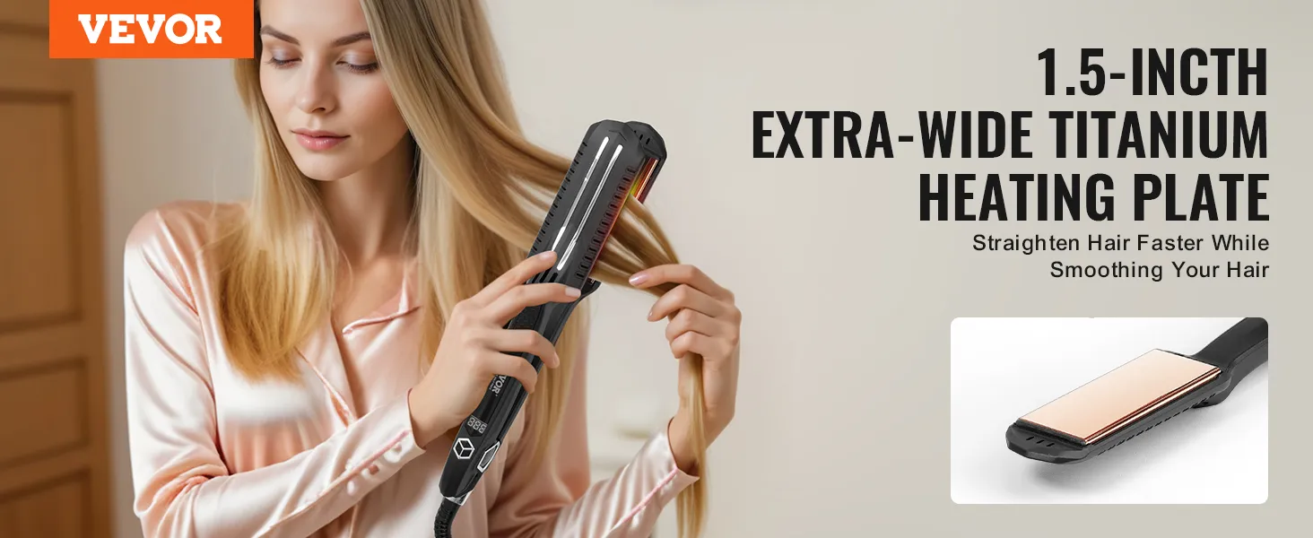 VEVOR hair straightener with 1.5-inch extra-wide titanium heating plate for faster, smoother hair.