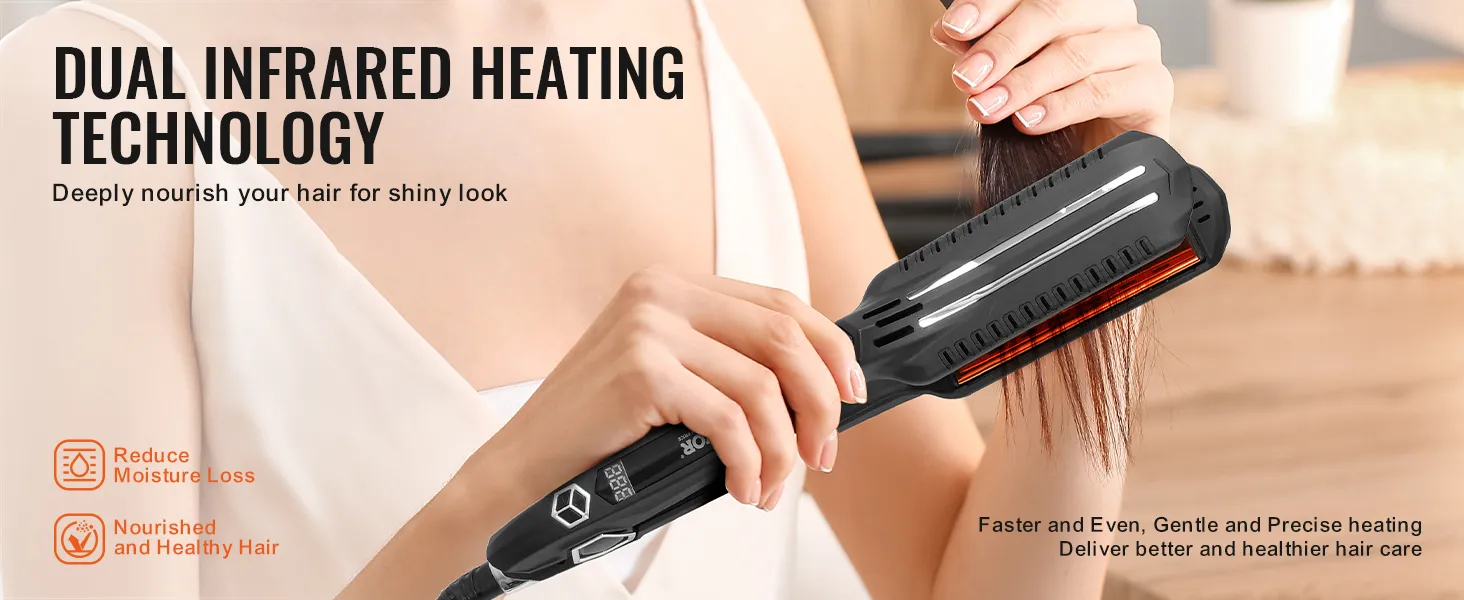 woman using VEVOR hair straightener with dual infrared heating technology for smooth, shiny hair.