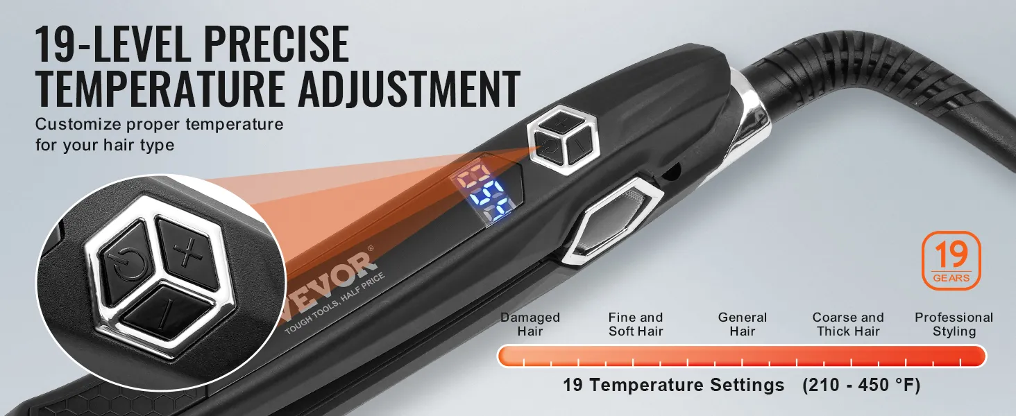 VEVOR hair straightener with 19 temperature levels, digital display, and custom settings for all hair types.