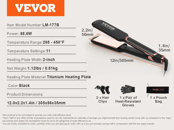 VEVOR stijltang lm-177b, 68,6 W, verwarmingsplaat van titanium, breedte 2 inch, temperatuurbereik 130-230 °C, zwart.
