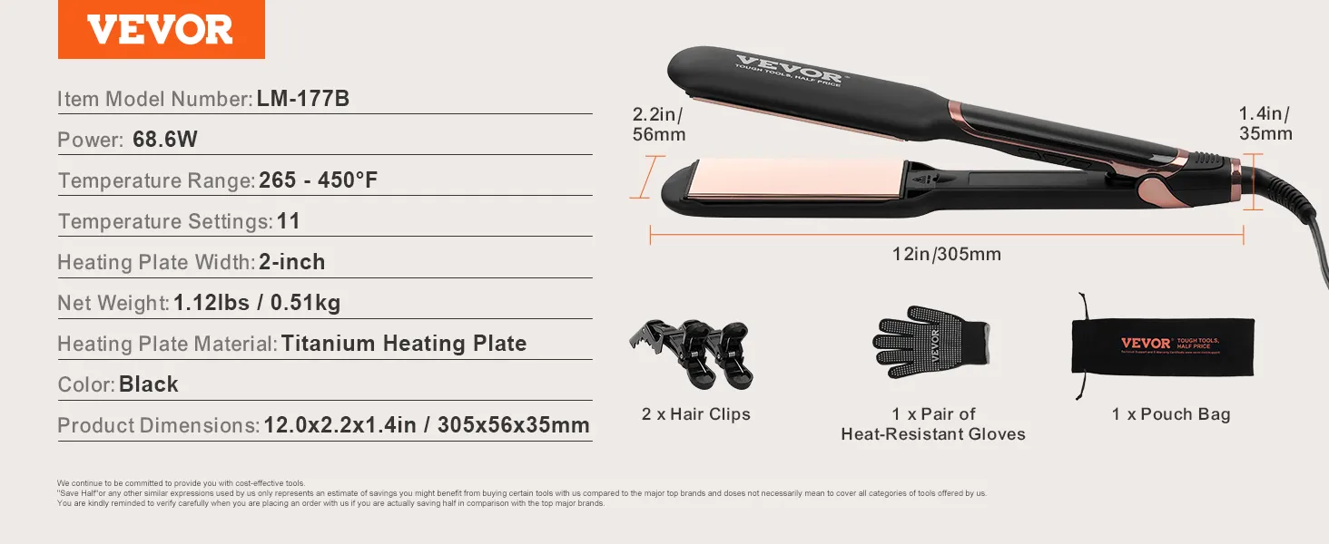 VEVOR stijltang lm-177b, 68,6 W, verwarmingsplaat van titanium, breedte 2 inch, temperatuurbereik 130-230 °C, zwart.