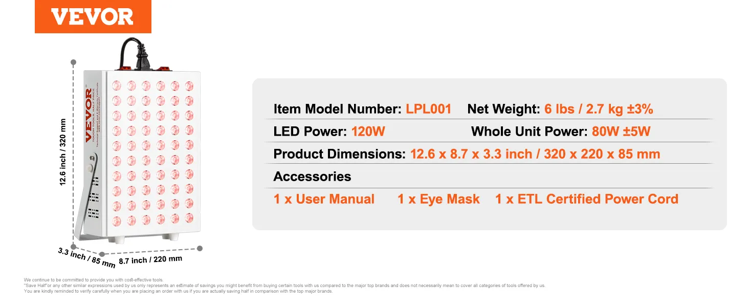 VEVOR red light therapy panel dimensions and specifications: 120w led power, 6 lbs weight, 12.6x8.7x3.3 inches.