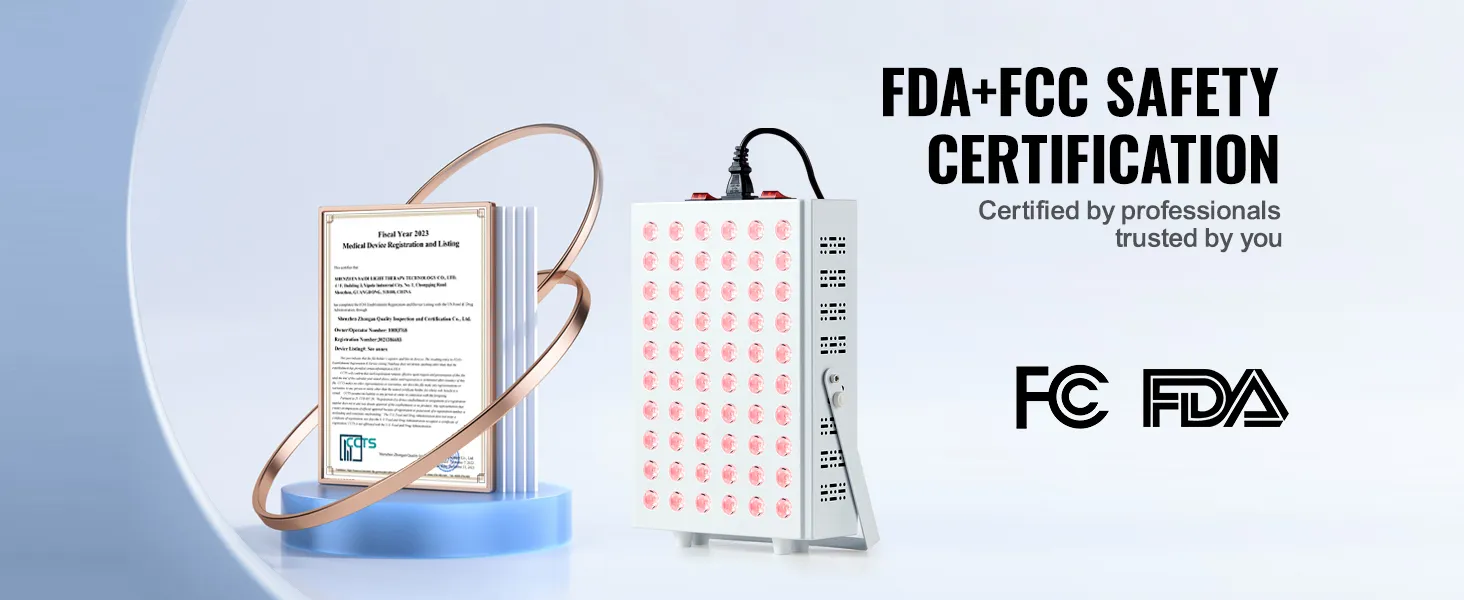 VEVOR red light therapy panel with fda and fcc certification displayed alongside approval documents.