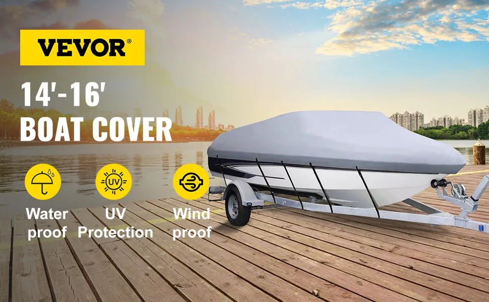 VEVOR waterproof boat cover on a trailer by a lakeside dock under a blue sky.