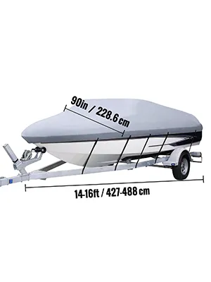 VEVOR waterproof boat cover fits 14-16ft boats, 90in wide, secured on a trailer.