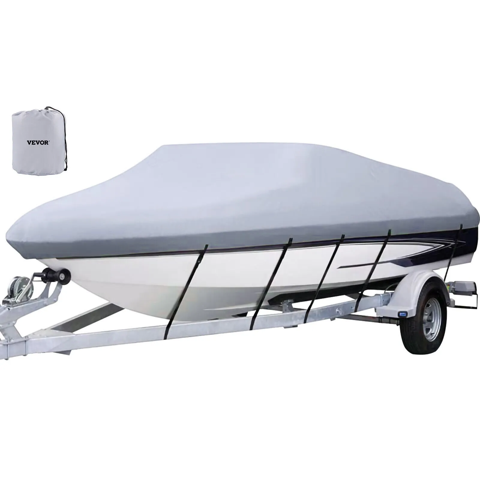 VEVOR waterproof boat cover on a white boat, with carrying bag.