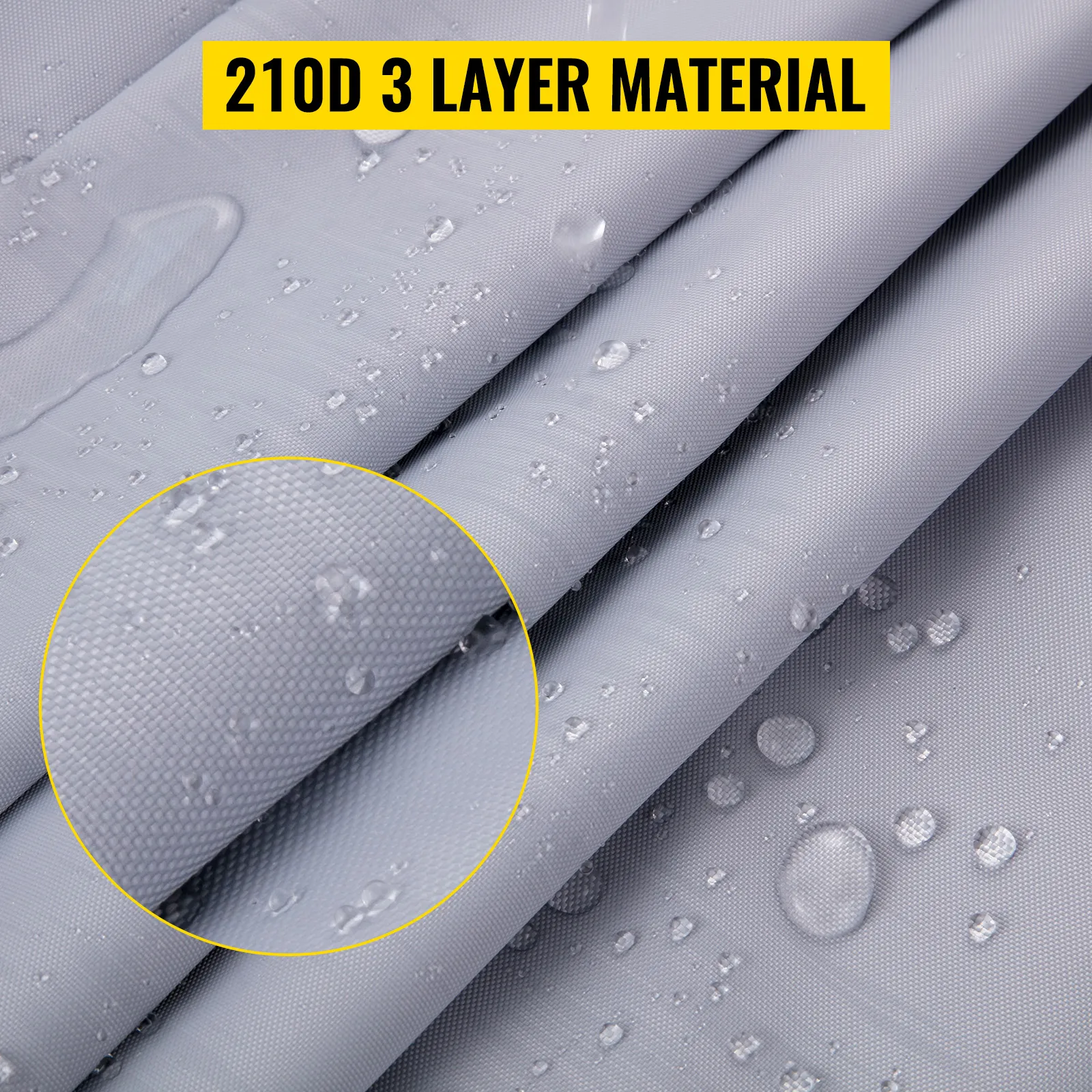 VEVOR waterproof boat cover 210d 3-layer material with water droplets.